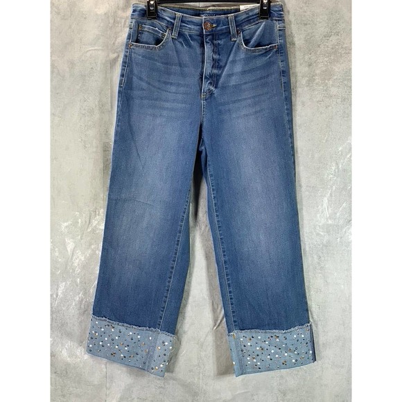 INC Women's MD Indigo High-Rise Embellished Crop Wide-Leg Jeans SZ 8/29